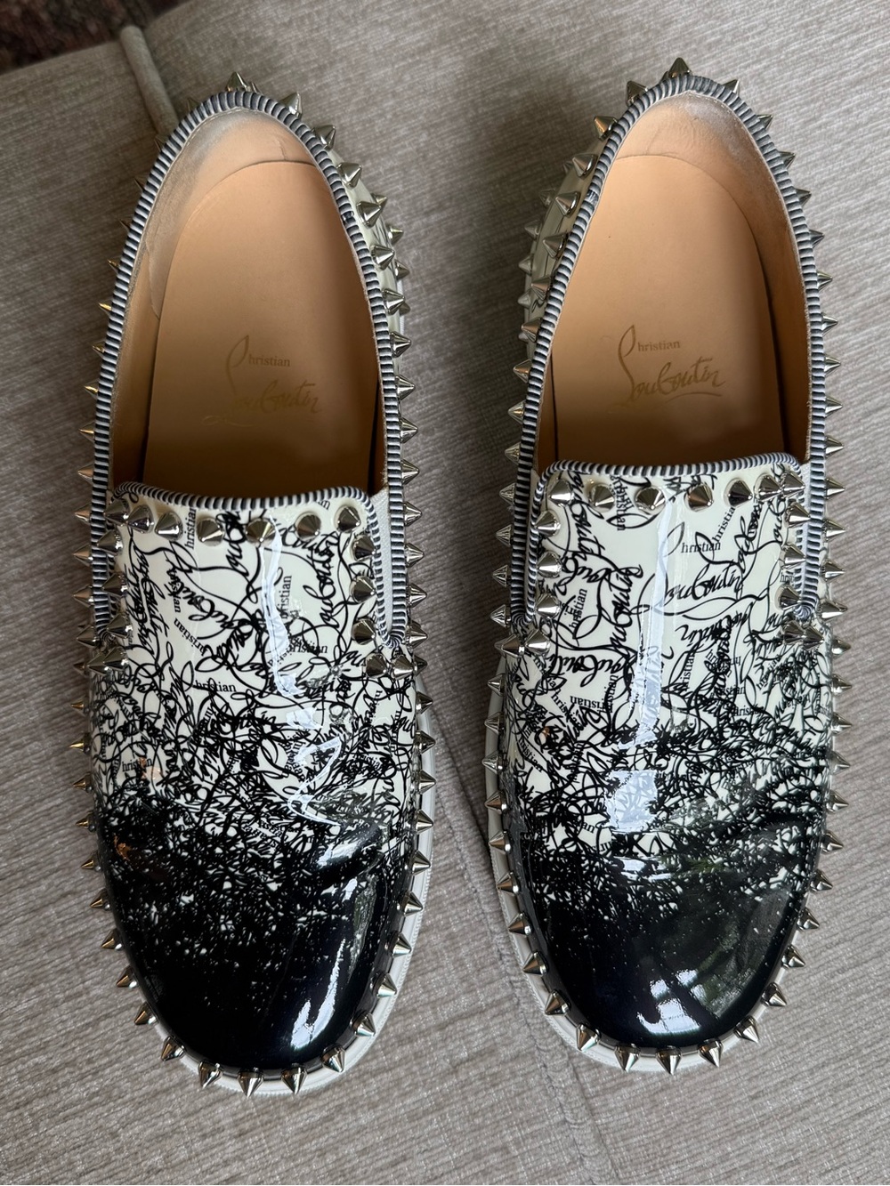 Christian Louboutin Pik Boat Degraloubi White Black Spike Flat Slip Sneakers
